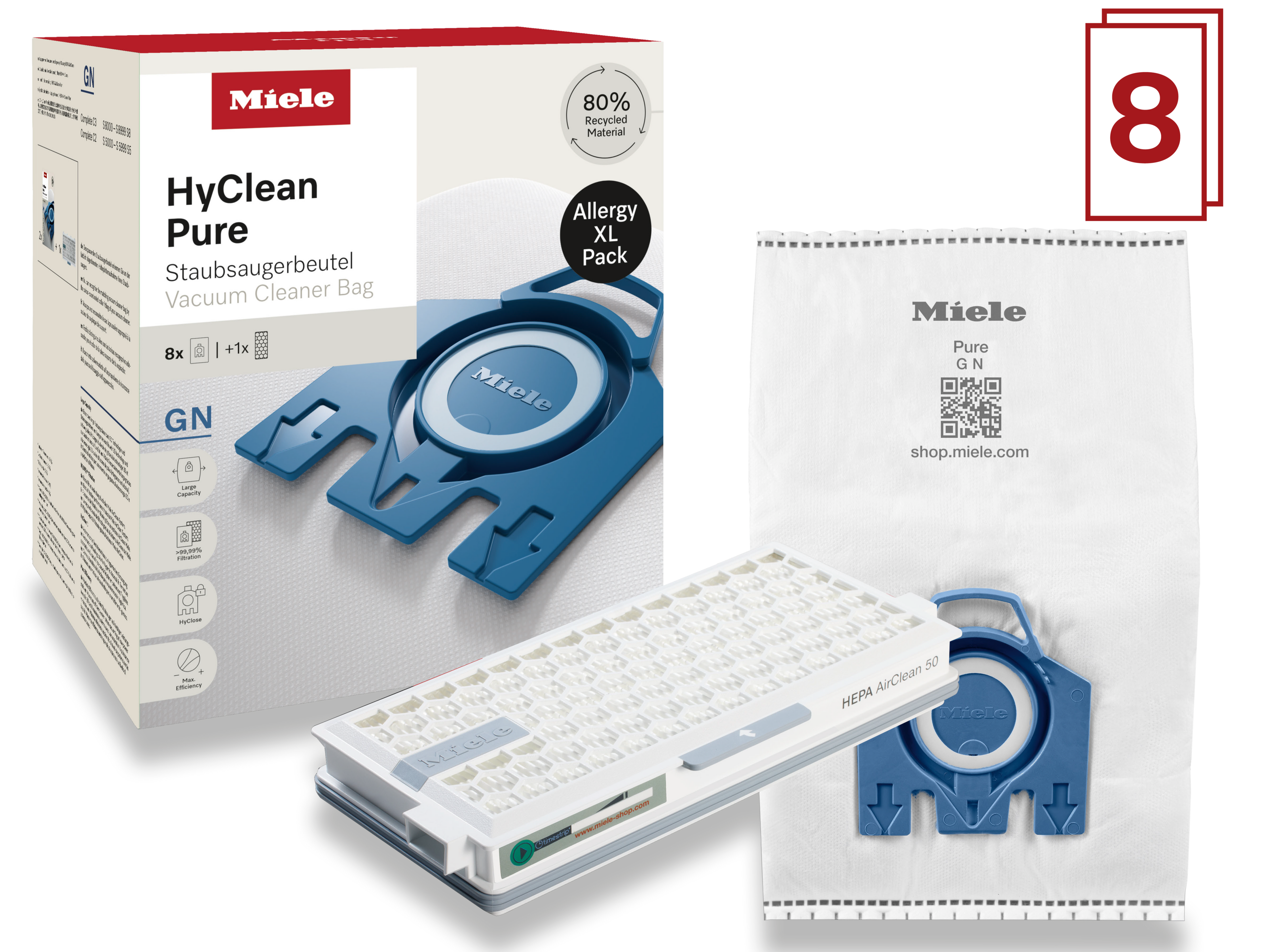 8 prachových sáčků a filtr HEPA za speciální cenu Miele GN Allergy XL HyClean Pure