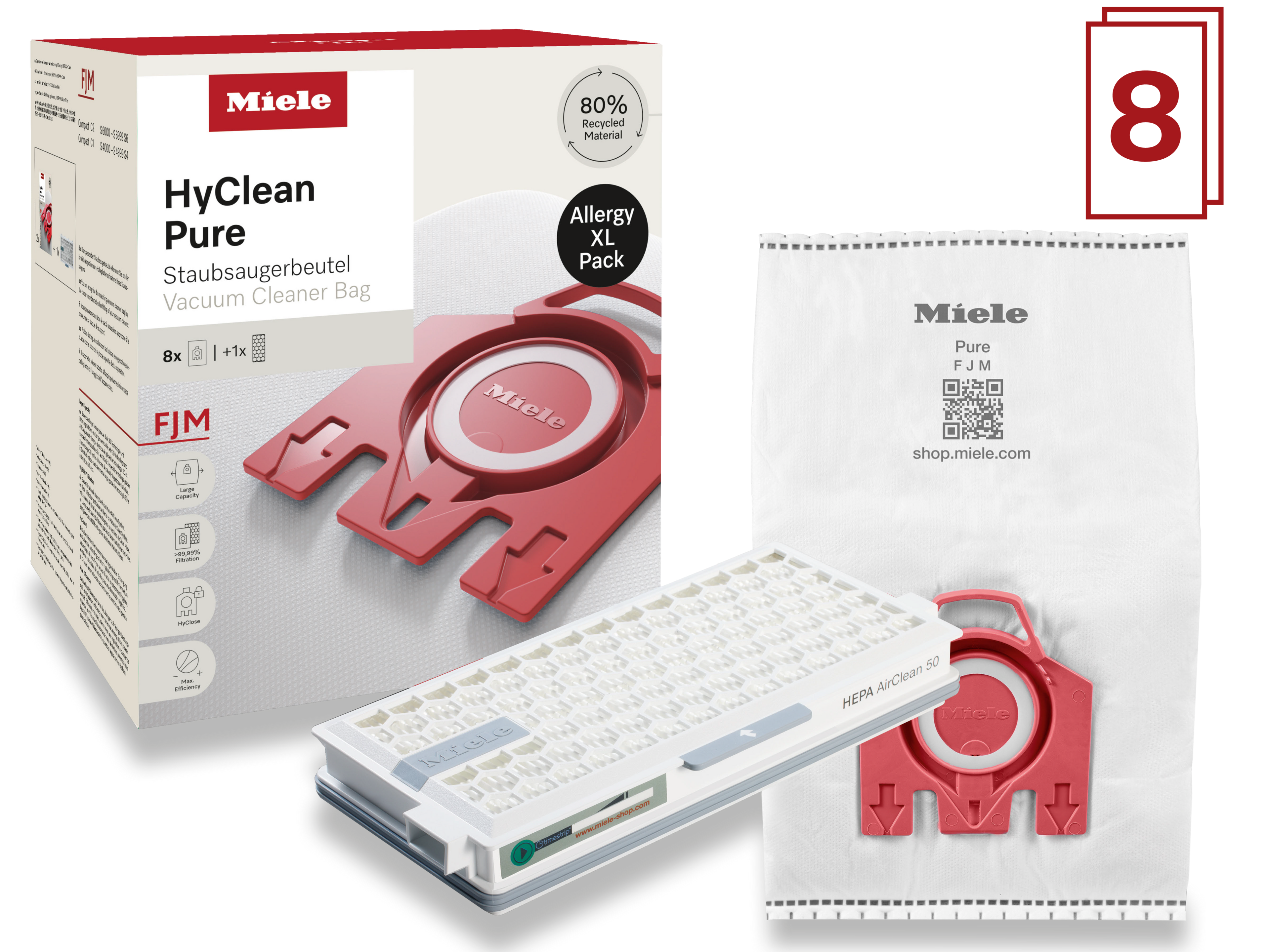 8 prachových sáčků a filtr HEPA za speciální cenu Miele FJM Allergy XL HyClean Pure